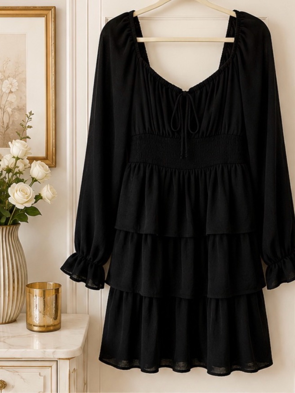 Inspired Hearts Black Tiered Long-Sleeve Mini Dress